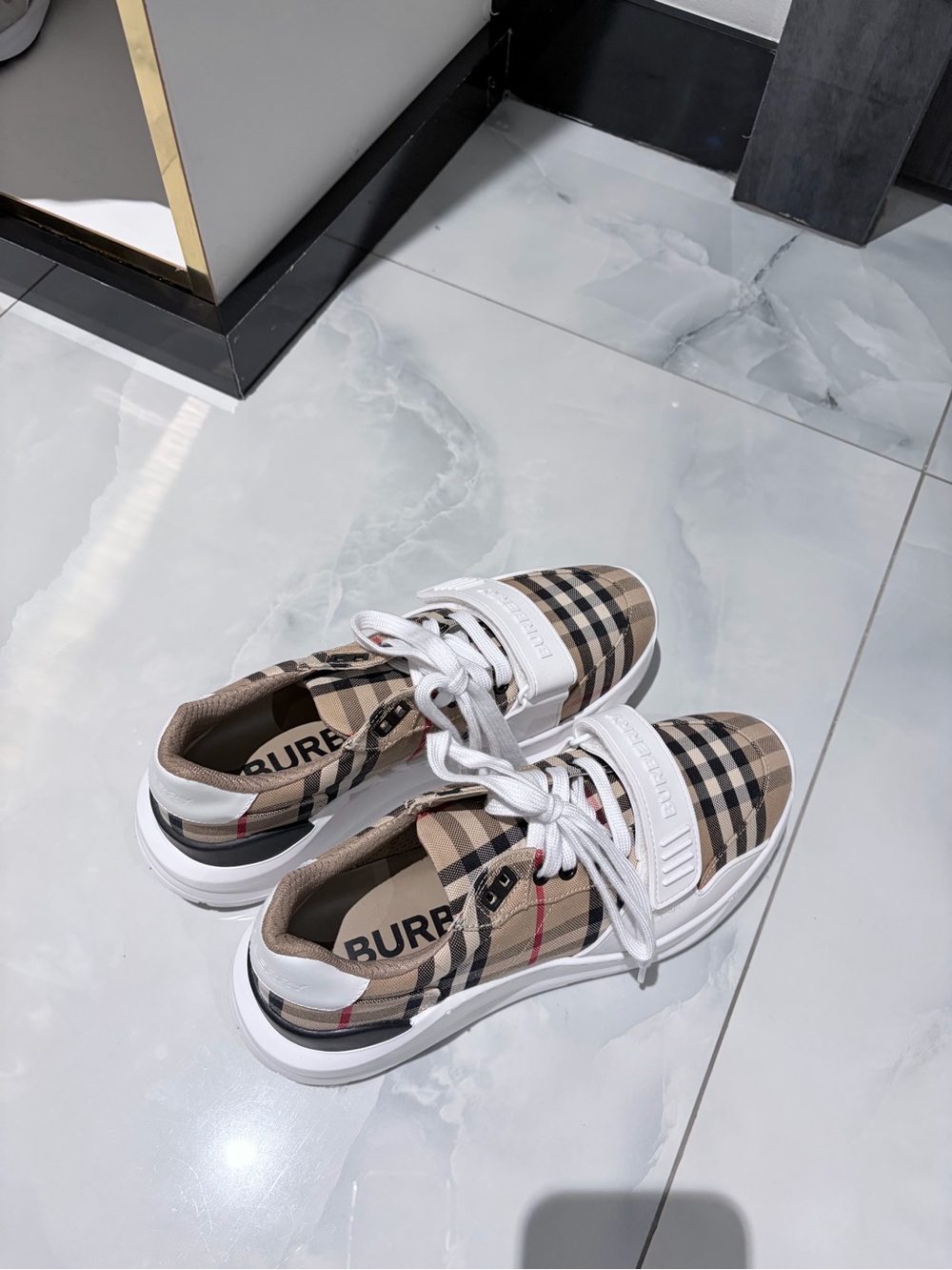 Burberry Beige Check Lace-Up Sneakers with White Accents